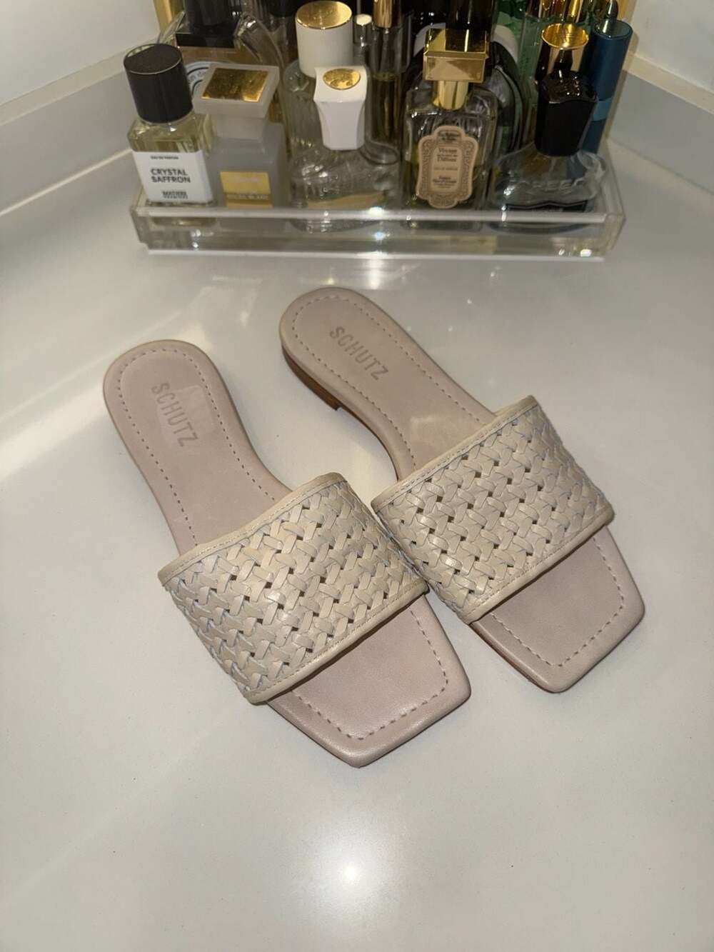 Schutz Juliet Flat Woven Leather Slide Sandals Off White Size 7.5B